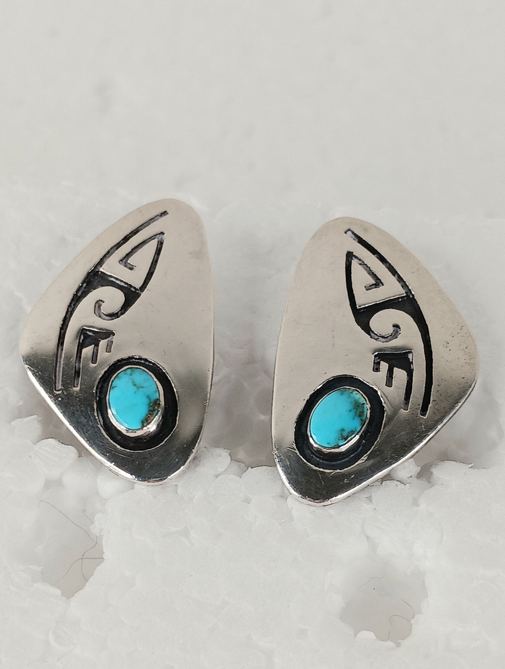 Earrings Clip On Vintage Navajo Sterling Turquoise Elongated Shadowbox Symbols - Picture 7 of 12
